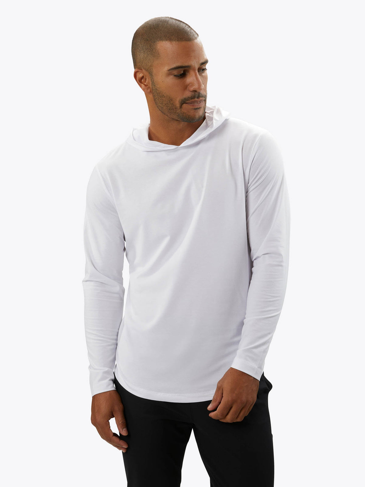 AO Long Sleeve Hooded Curve-Hem Tee | White Signature-fit PYCA Pro®